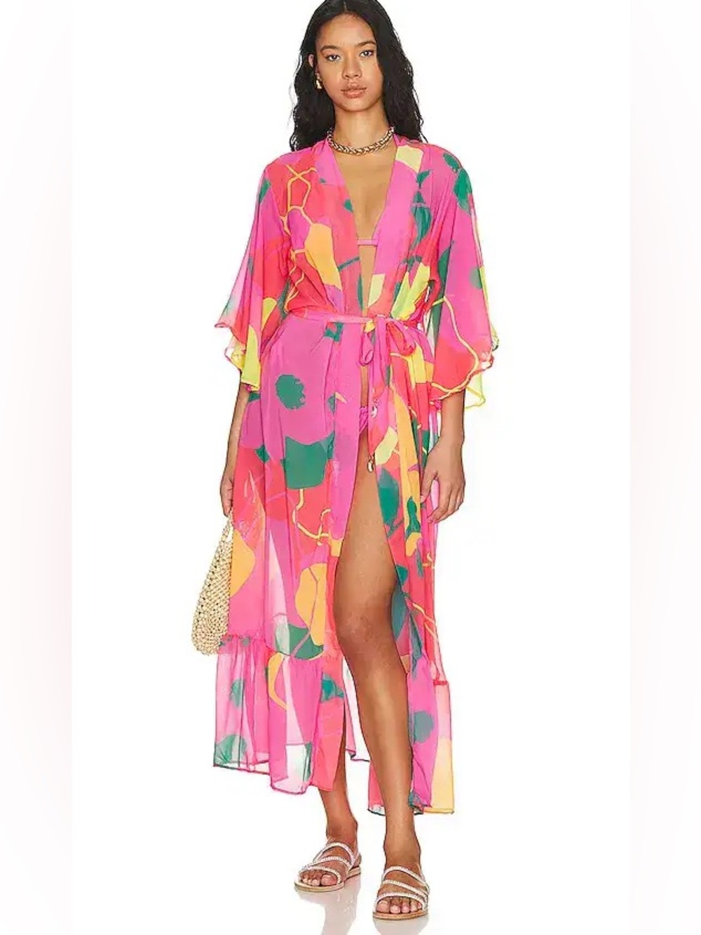 Bright Pink Floral Tie-Waist Maxi Kimono Tie Shell Belt